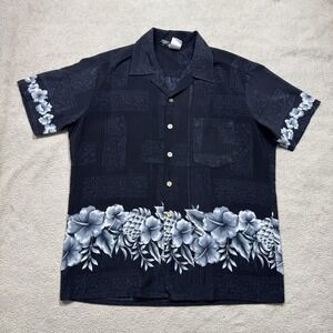 Kennington Shirt Mens Large Black Floral Button-Up Hawaiian Camp Tee Open Collar